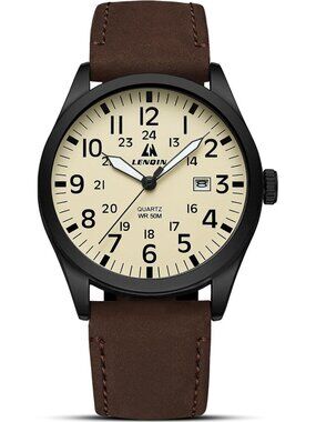 LN LENQIN Men's Brown Military Analog Quartz Waterproof Wrist Leather Band Watch